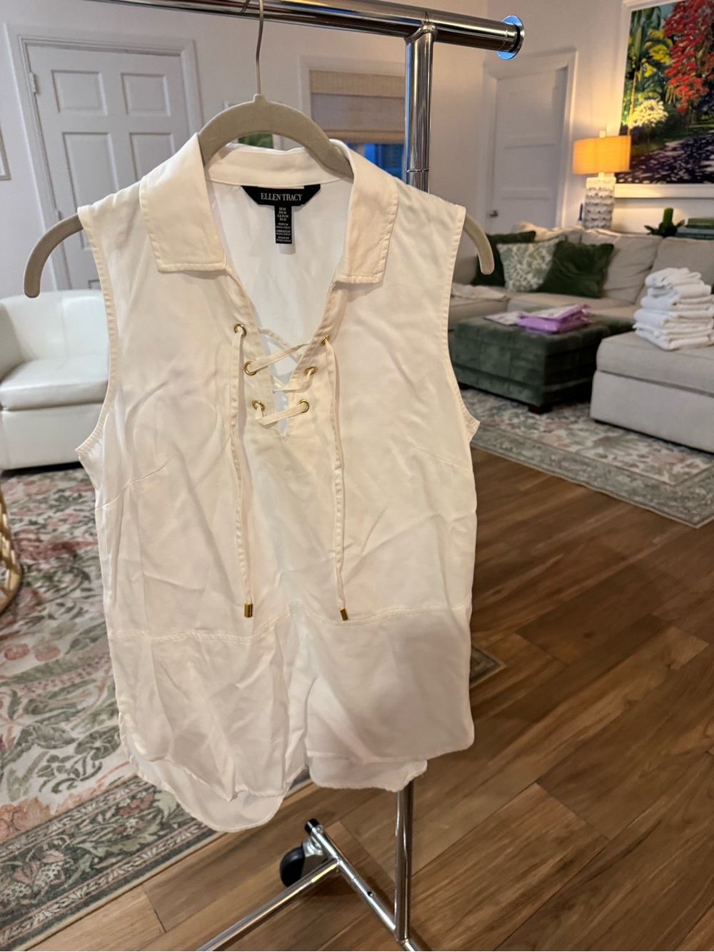 Ellen Tracy Ivory Lace-Up Sleeveless Blouse